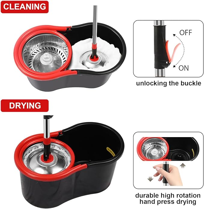 Spin Mop and Bucket Set, 360° Spinning Mop and Bucket System, for Mop Floor Cleaning, with 3 Microfiber Mop Replacement Heads and 61" Stainless Steel Adjustable Handle