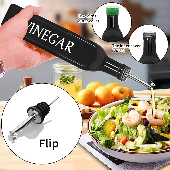 1 Pc 17oz Olive Dispenser Bottle,500ml Glass Oil and Vinegar Dispenser Set with 1 Stainless Steel Pourers,Funnel Bottles for Kitchen (Black Vinegar)