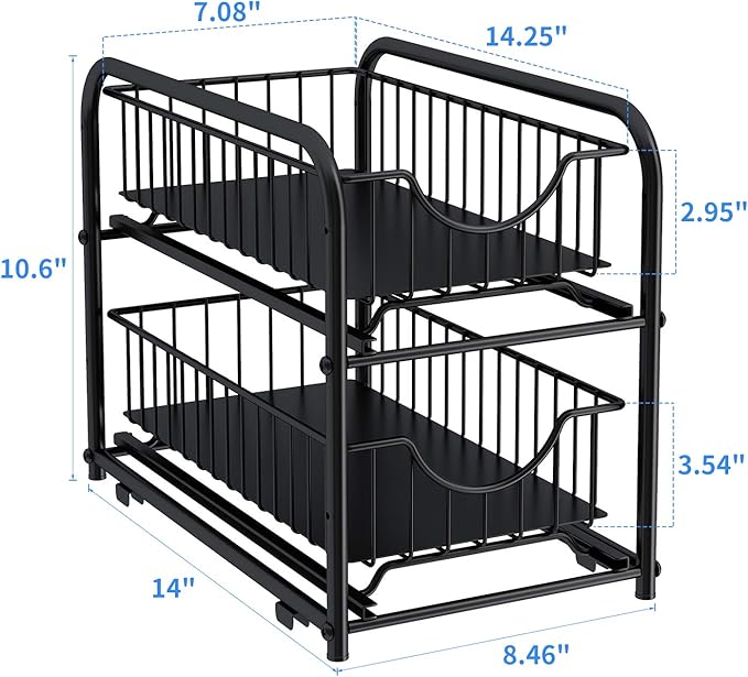 AIYAKA Pull-out Cabinet Organizer, Stackable 2-tier Under Sink Rack, with Sliding Storage Drawer for Pantry, and Desktop, for Bathroom, Kitchen, Office, Black