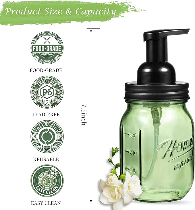 Amolliar 16OZ Green Glass Mason Jar Foaming Soap Dispenser, Plastic Pump & Stainless Steel Lid, Refillable Hand Soap Dispenser for Kitchen Bathroom, Farmhouse Decor for Foaming Dish Soap, Black 1 Pack