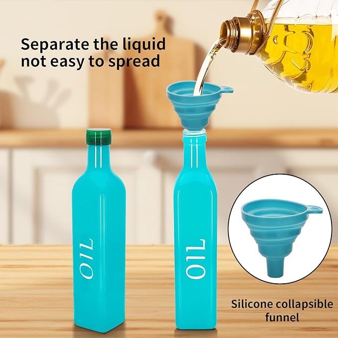 1 Pc 17oz Olive Dispenser Bottle,500ml Glass Oil and Vinegar Dispenser Set with 1 Stainless Steel Pourers,Funnel Bottles for Kitchen (Turquoise Oil)