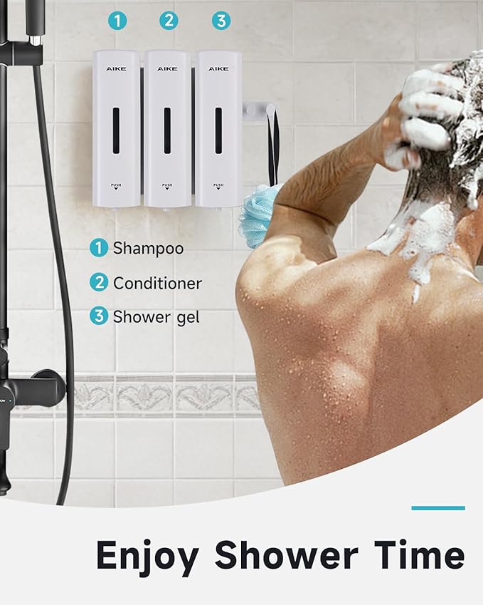 AIKE 3 Chambers Shower Shampoo and Conditioner Dispenser 3 x 11.8 fl.oz. for Bathroom(White)