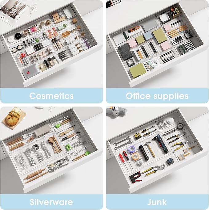 MIUOPUR Expandable Drawer Organizer, Width (10.6"-20.1") Depth (11"-20.1"), Clear Makeup Drawer Organizer with 6 Removable Dividers, Silverware Organizer, Great for kitchen and Bathroom Drawers