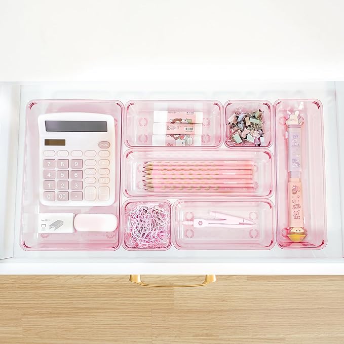 Pink Acrylic Drawer Organizers - 25 Pcs (Desk/Vanity/Bathroom)