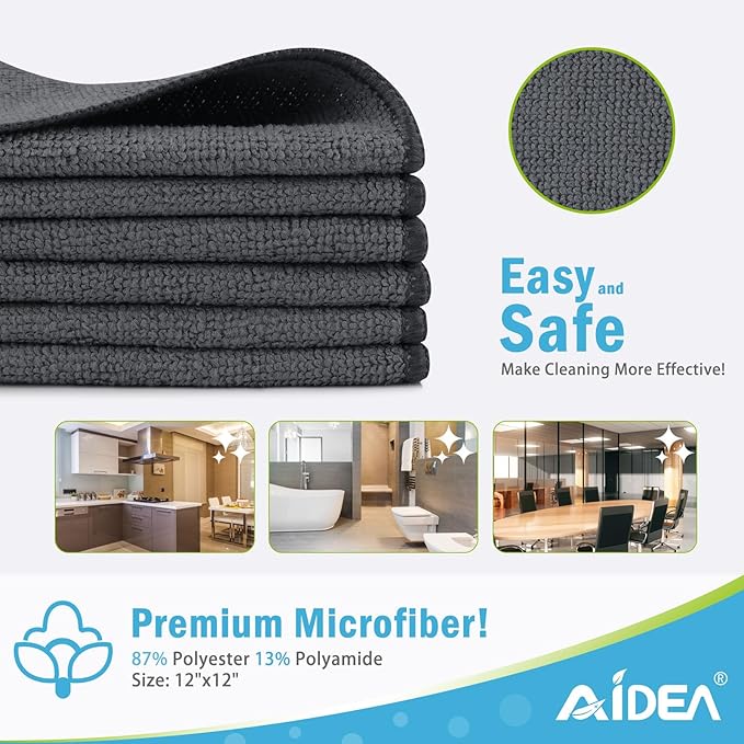 AIDEA Microfiber Cleaning Cloth 100PK, Soft Microfiber Towels for Cars, Absorbent Cleaning Rags, Lint-Free Streak-Free Wash Cloths for House, Kitchen, Window(12inx12in), Grey