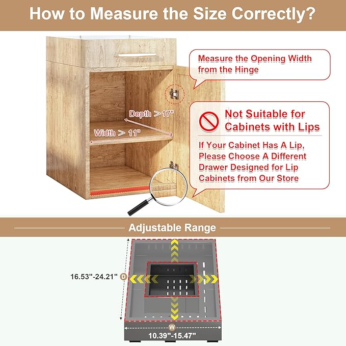 Pull out Cabinet Organizer,Width (11"-16") and Depth (17"-24") Expandable With 3 Rails,No Drill Adjustable Slide out Drawers for Kitchen,Pantry,Adhesive Roll out Shelves,for Cabinets without Lip,Black