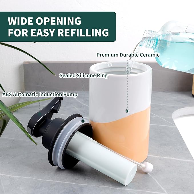 BosilunLife Automatic Soap Dispenser Ceramic Hand Free Soap Dispenser with Waterproof Pump Rechargeable Smart Electric Soap Lotion Dispenser Touchless for Kitchen Bathroom (White-Orange, Foam Pump)