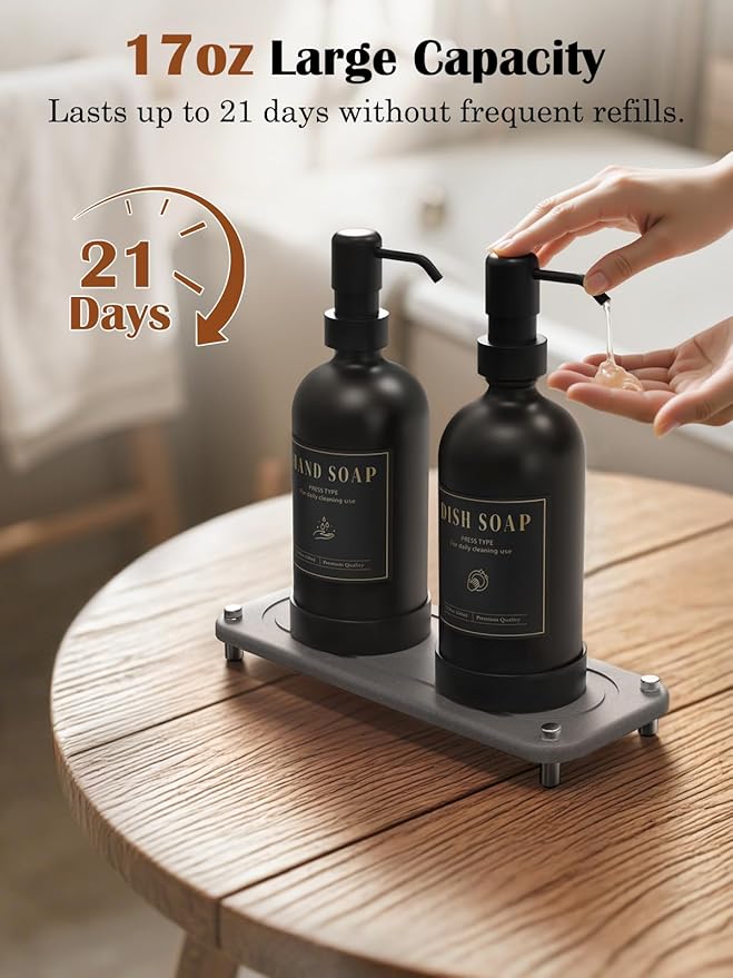 Luxspire Soap Dispenser Set, Hand Soap Dispensers with Fast Drying Tray, 17 oz Glass Refillable Liquid Bottle for Bathroom & Kitchen, Kitchen, 2 Pack, Black + Dark Gray