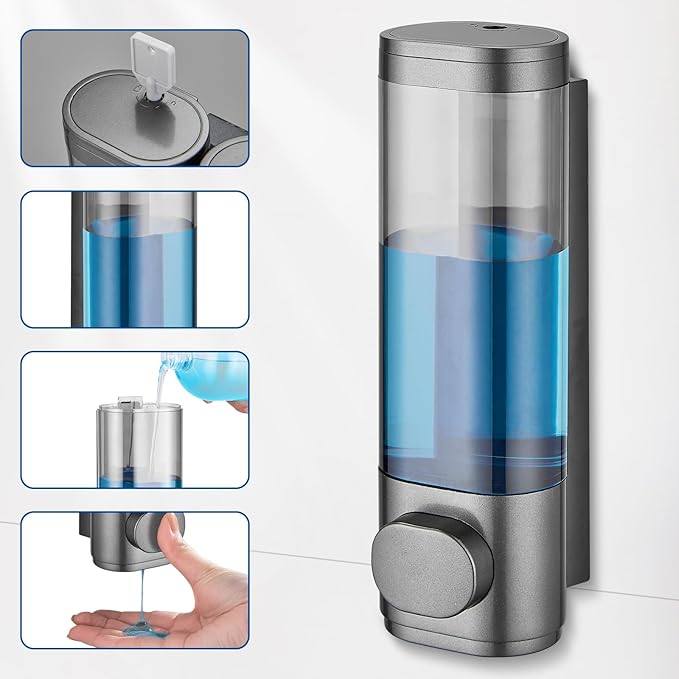 Shampoo and Conditioner Dispenser 1 Chamber No Drill, Shower Soap Pump Dispenser Wall Mounted, Body Wash Dispenser for Shower, Shower Gel Dispenser Shampoo Holder for Bathroom (Gungrey 1 Chamber)