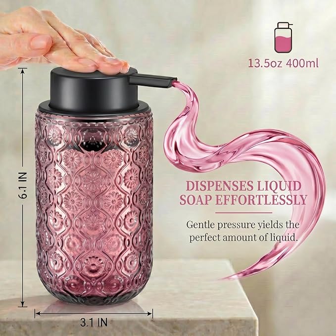 Pink Glass Liquid Hand Soap Dispenser with Matte Black Pump Thick Embossed Bottle Refillable for Bathroom and Kitchen Decor 13.5 oz