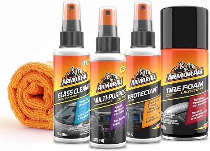 Armor All Car Wash and Car Interior Cleaner Kit, Includes Towel, Tire Foam, Glass Spray, Protectant Spray and Cleaning Spray, Multicolor, 5 Count