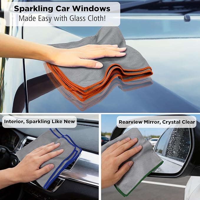 Puomue 12 Pack Microfiber Glass Cleaning Cloth, 320GSM Thick Lint Free Glass Towels, Reusable Window Cleaning Cloth for Windshields, Lenses, Glasses, Mirrors & Windows, Polishing Silver, 13.8" x 10.8"