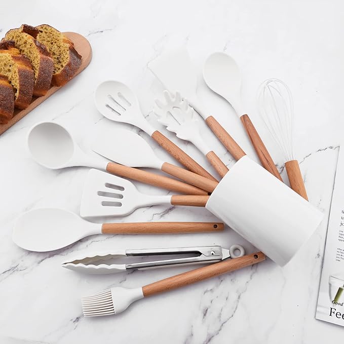 1pc White Silicone Slotted Turner with Wooden Handle, Heat Resistant Cooking Utensils, Ideal Cookware for Fring Fish, Eggs, Meat, French Fries