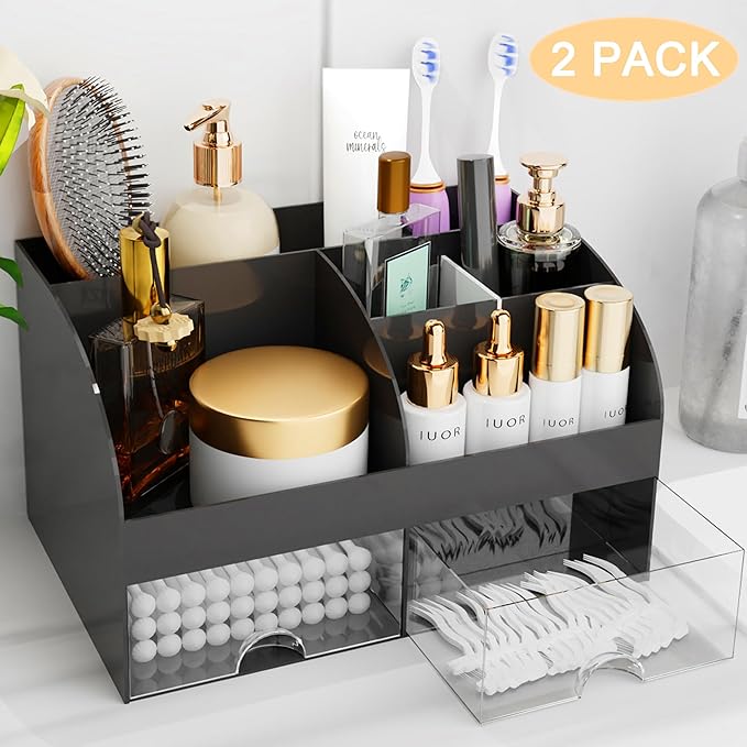 Makeup Organizer with Drawers, Cosmetic Storage for Dresser Vanity and Bathroom Countertop, Beauty Holder for Lipstick Brush, Skincare Organizer for Vanity, Cosmetic Display Case (Black-2Pack)