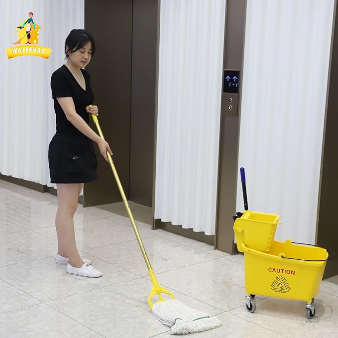 Commercial Mop Bucket with Side-Press Wringer for Floor Cleaning, 35 Quarts, Yellow, Including One Commercial Mop