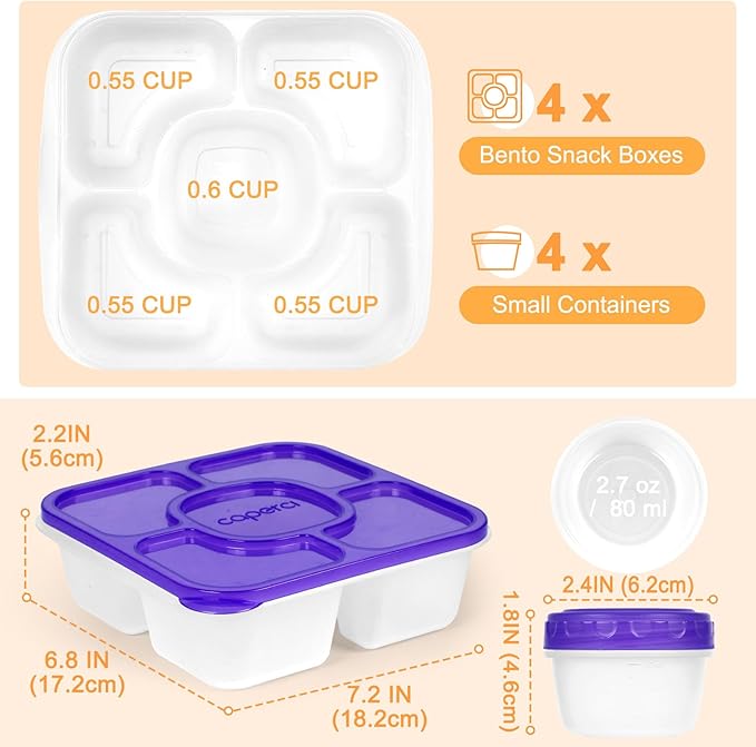 Caperci Original Bento Snack Box Containers for Kids & Adults - Lunchable Food Containers 5 Compartments with 4 Leakproof Small Containers, BPA-Free