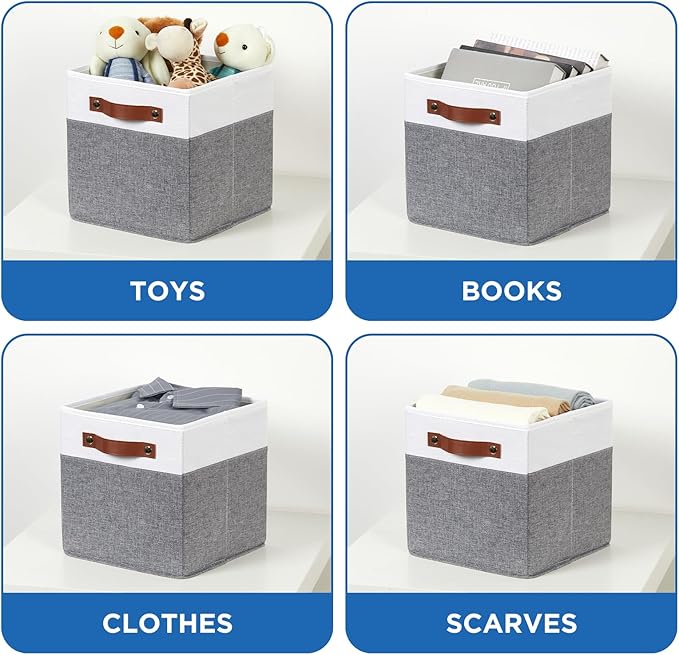 Foldable Fabric Storage Bins with Lids, White&Grey, 10.5x10.5x10.5in