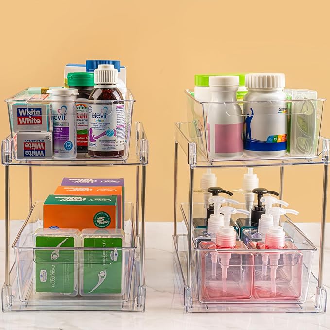 1Pack 2-Tier Bathroom Storage Organizer, Clear Under Sink Organizers Kitchen Vanity Counter Storage Container, Medicine Cabinet Drawers Bins, Pull-Out Organization with Track for Pantry