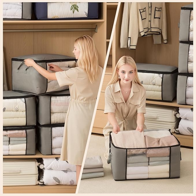 Large Storage Bags,Clothes Storage Bins Foldable Closet Organizers Storage Containers with Durable Handles Thick Fabric for Blanket Comforter Clothing Bedding (grey, 90L(3Pick))