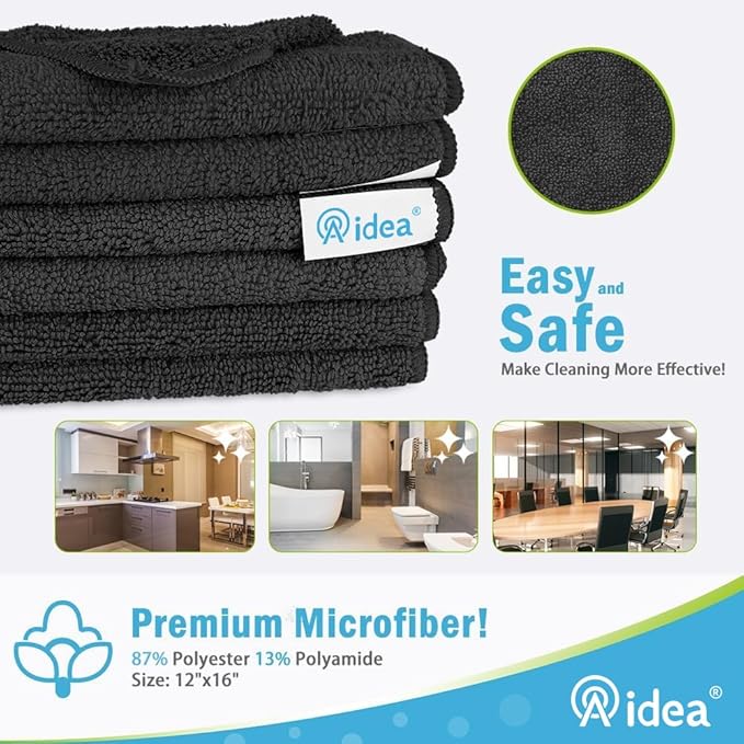 AIDEA Microfiber Cleaning Cloth-8PK, Soft Microfiber Towels for Cars, Absorbent Cleaning Rags, Lint-Free Streak-Free Wash Cloths for House, Kitchen, Window(12in.x16in), Black