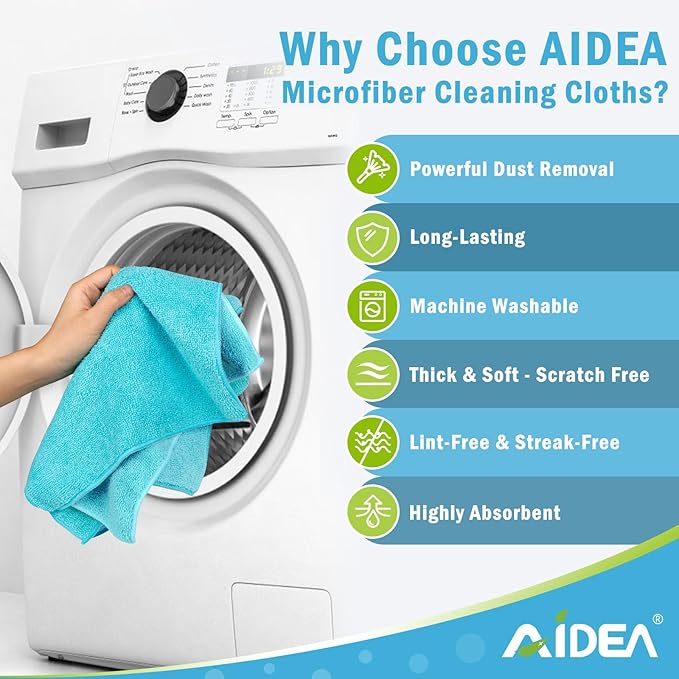 AIDEA Microfiber Cleaning Cloth-12PK, Soft Microfiber Towels for Cars, Absorbent Cleaning Rags, Lint-Free Streak-Free Wash Cloths for House, Kitchen, Window(12in.x12in), Blue