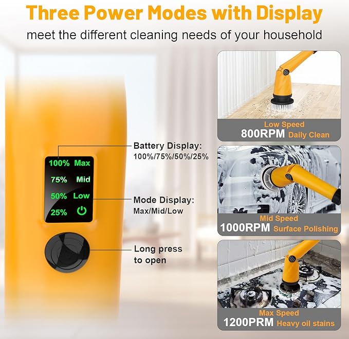 1500 RPM Electric Spin Scrubber for DeWalt 20V Battery, Power Shower Scrubber for Bathroom/Floor/Bathtub/Toilet/Tile,Electric Cleaning Brush with Long Handle & 8 Replaceable Brush (Yellow)