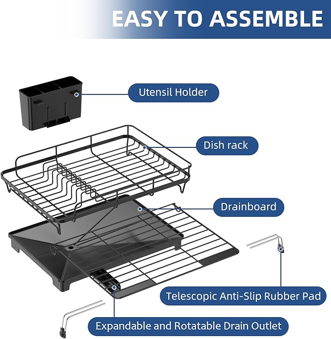 Expandable Dish Drying Rack, Rust-Proof Metal Dish Racks for Kitchen Counter with 360° Swivel Drain Spout, Space-Saving Dish Drainer with Utensil Holder for Small Apartment & Home Organization, Black