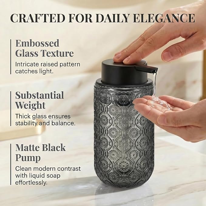 Grey Glass Liquid Hand Soap Dispenser with Matte Black Pump Thick Embossed Bottle Refillable for Bathroom and Kitchen Decor 13.5 oz