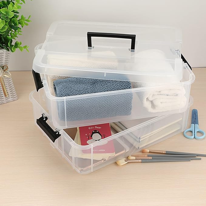 JUXYES 2-Tiers Stack Carry Storage Box With Handle, Transparent Stackable Storage Bin With Handle Lid Latching Storage Container for School & Office