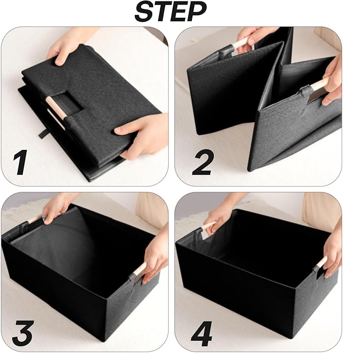 Fabric Storage Bin Box Foldable Cotton Linen Storage Basket with Wooden Handles Rectangular Cube Decorative Home Laundry Organizer Clothes Blanket Container – Black, Medium