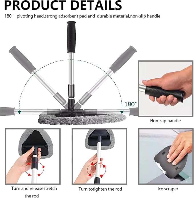 Car Windshield Cleaning Tools, Expandable Car Window Cleaner kit with 4 Reusable Microfiber Pads, Windshield Cleaning Wand Tool