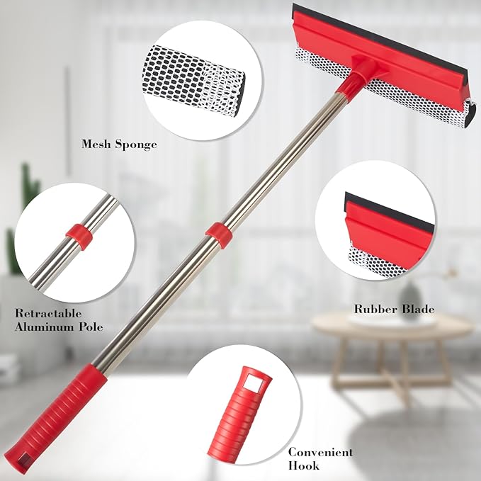 Window Squeegee with 15.7"-27.5" Retractable Stainless Steel Handle, 2-in-1 Windshield Cleaner Tool for Cars, Trucks, Glass Doors, Shower Glass