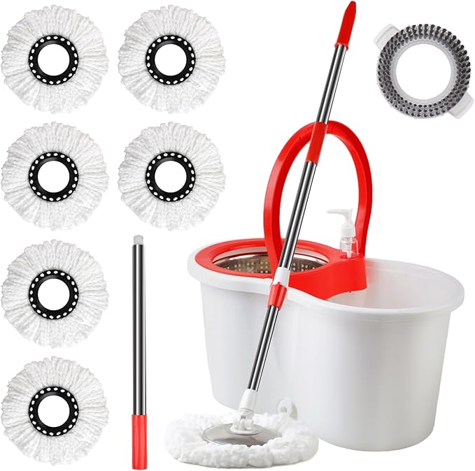 Spin Mop and Bucket with Wringer Set, 360° Spinning Mop Bucket System with 6 Microfiber Mop Floor Scrub Brush and 61" Stainless Steel Adjustable Handle for Floor Cleaning
