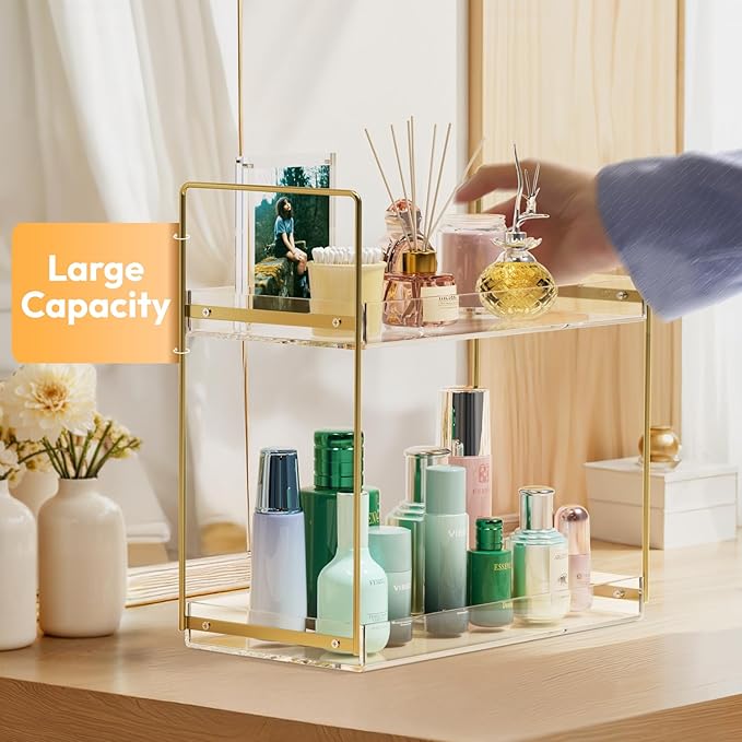 Bathroom Countertop Organizer, 2 Tier Acrylic Tray Vanity Counter Skincare Organizer Shelf, Kitchen Under Sink Standing Rack, Home Storage Holder for Lotion Makeup Cosmetics Perfume Spice, Gold