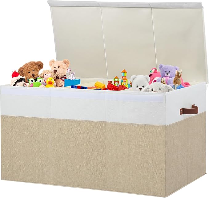 Gowee Extra Large Toy Storage Box with Lid, Sturdy Toys Storage Chest Bin Organizer Basket with Dividers for Kids, Boys, Girls, Nursery, Closet, Bedroom, Playroom 35.5"x17" x17" (Beige and White)