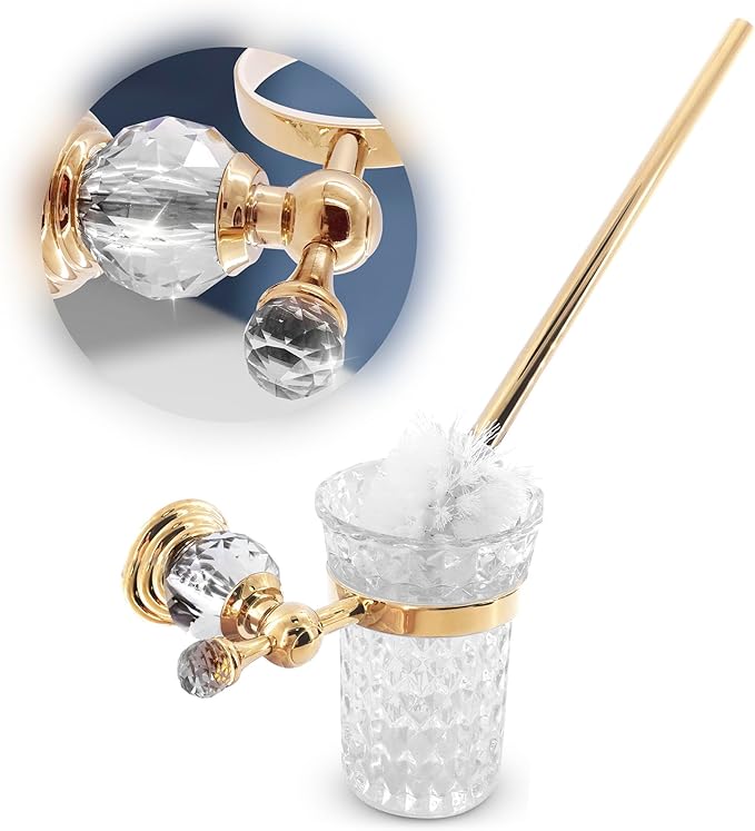 Gold Stainless Steel Toilet Brush with Crystal Toilet Brush Holder Set – Wall Mounted Holder, Replaceable Head, Decorative Space-Saving Design Bathroom Toilet Accessory Elegant Toilet Bowl Cleaner Set