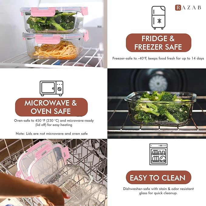 Razab 2 PC 1200ML / 41 Oz Glass Food Storage Containers with Lids - Airtight & Leakproof - Microwave/Oven/Freezer Safe - BPA Free