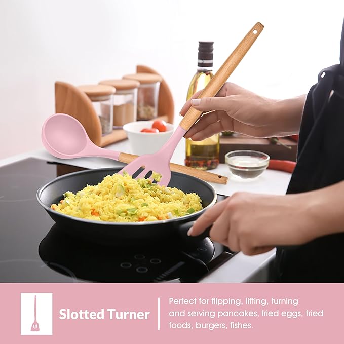 E-far Cooking Utensils Set of 6, Silicone Kitchen Utensils with Wooden Handle, Non-stick Cookware Friendly & Heat Resistant, Includes Spatula/Ladle/Slotted Turner/Serving Spoon/Spaghetti Server(Pink)
