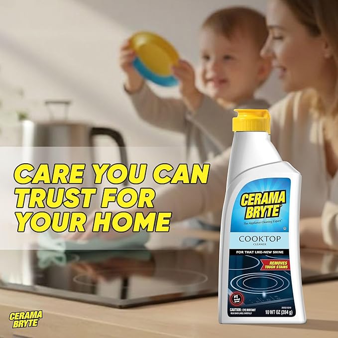 Cerama Bryte Glass Cooktop and Stove Top Cleaner Combo Kit - Includes Cleaning Tool, Razor, Scraper and 3 Pads to Remove Tough Stains - Use on Gas