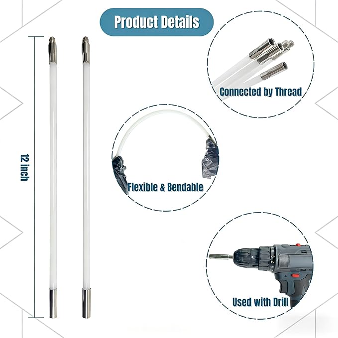 50 in Pipe Cleaning Kit, Stainless Steel Bristles Brush Set, Tube Brush with 4 Flexible Rods,Wire Brush with Hex Shank for Drill,4 PCS Pipe Brush for Auto Parts, Bottles, Tubes,Drain
