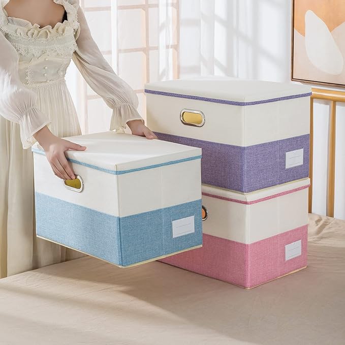 Large Foldable Storage Bins with Lids [3-Pack] linen Fabric Decorative Storage