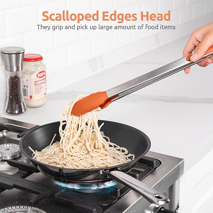 600ºF Heat Resistant Kitchen Tongs: U-Taste 16 inch Extra Long Large Silicone Cooking Tong with Sturdy Non Stick Rubber Tips & Non Slip Silicon Coated 18/8 Stainless Steel Handle for Grill BBQ(Orange)