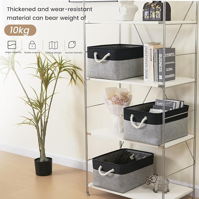 Large Storage Baskets- 15.7x11.8x8.26 inch Storage Bins for Shelves and Closet Organizing, Foldable Fabric Bin for Home Organization Clothes and Laundry (6-Pack, Black&Gray)