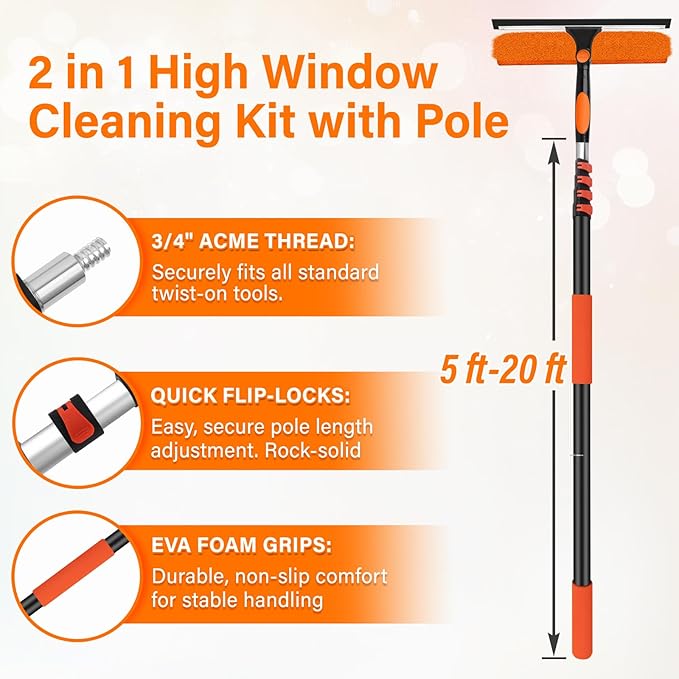 26FT Telescoping Window Cleaning Kit with 14" Squeegee - 2-in-1 Professional Window Scrubber & Extension Pole