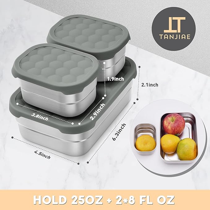 Tanjiae 3 CUP+1 CUP Stainless Steel Lunch Snack Containers Set | Leak Proof 304 Stainless Steel Food Containers with Silicone Lids - Perfect Metal Lunch Box for School and Daycare (25oz+8oz*2)
