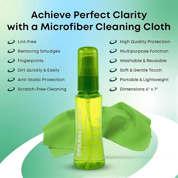 Sparkle Vivid Anti-Reflective Safe Lens Cleaner Spray Kit - (2) 2oz Glasses Cleaner Spray & (2) Microfiber Cloth for Eyeglasses, Sunglasses, Lenses