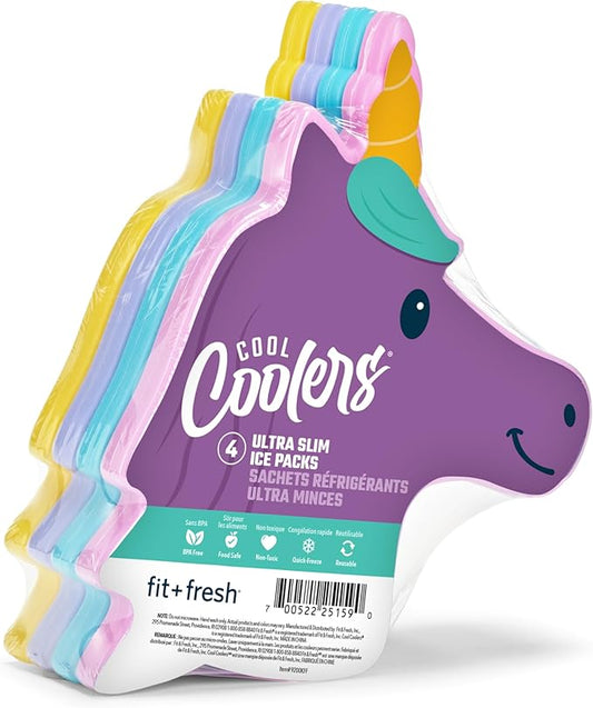 Cool Coolers by Fit & Fresh Kids Lunch Box Ice Packs, Slim Shaped Freezer Pack for Lunch Bags and Coolers 4 Pack Unicorn