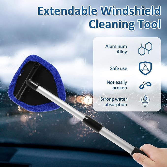 Windshield Cleaning Tool, Car Window Cleaner with Extendable Long Handle and 4 Washable Reusable Microfiber Pads and Spray Bottle