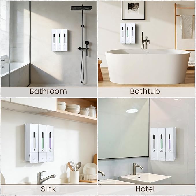 3 Chamber Shampoo and Conditioner Dispenser, No Drill - Wall Mounted Shower Soap Dispenser, Refillable Body Wash Dispenser Set 3, 1200ML Capacity, for Bathroom & Hotel, White