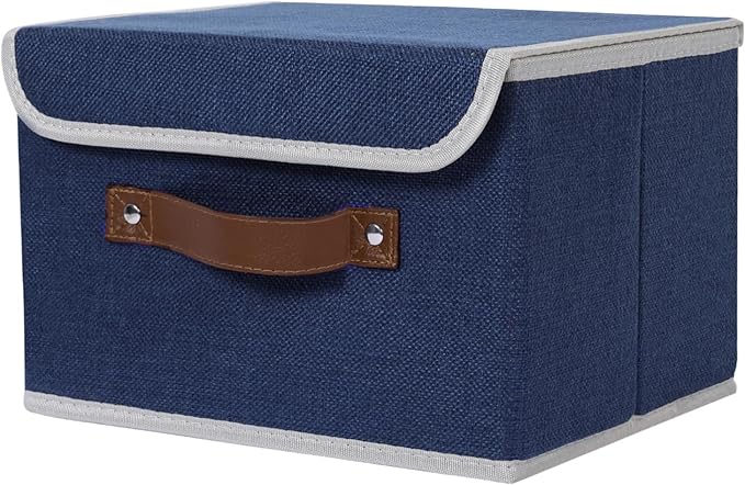 ANMINY Storage Bin with Lid Storage Boxes with PU Leather Handles PP Plastic Board Decorative Foldable Lidded Cotton Linen Fabric Home Cubes Baskets